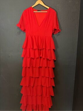 PrettyLittleThing Red V-Neck Tiered Ruffle Maxi Dress